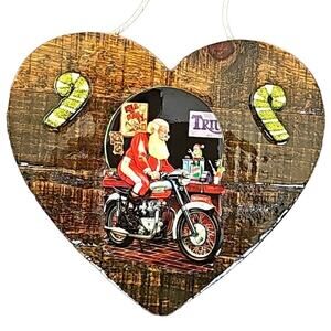 Handcrafted Resin Art Heart Santa on a Triumph Motor Cycle Elves Great Gift